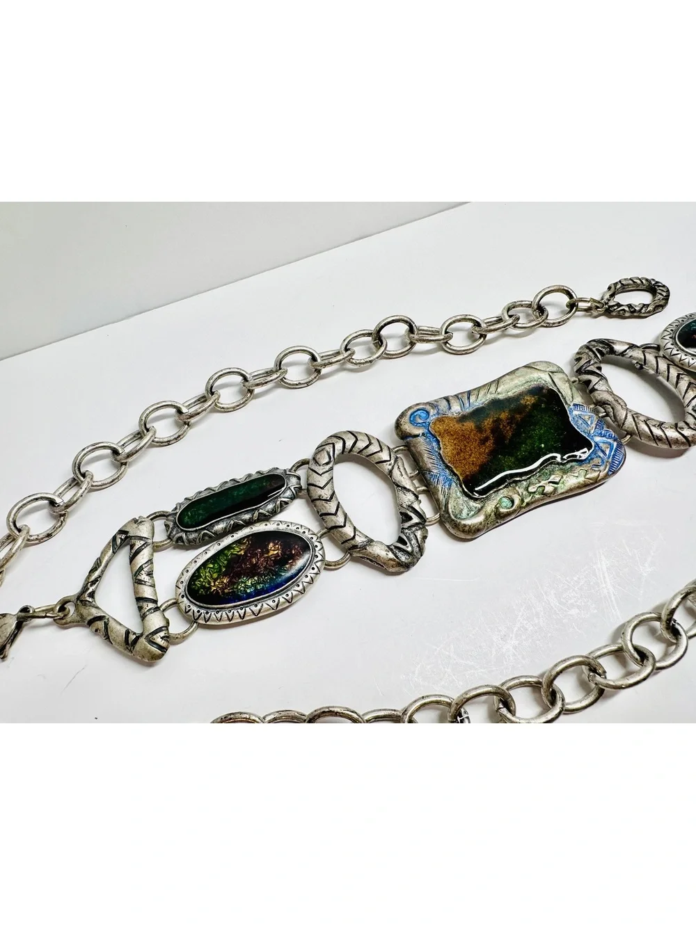 Vintage Chico’s Adjustable Chain Belt Enamel Dichroic Glass Metal Medallions